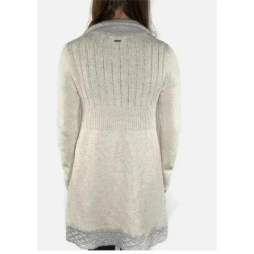 PRANA Angelica Gray & Ivory Button Up Cardigan Sweater‎ Cable Knit Accent